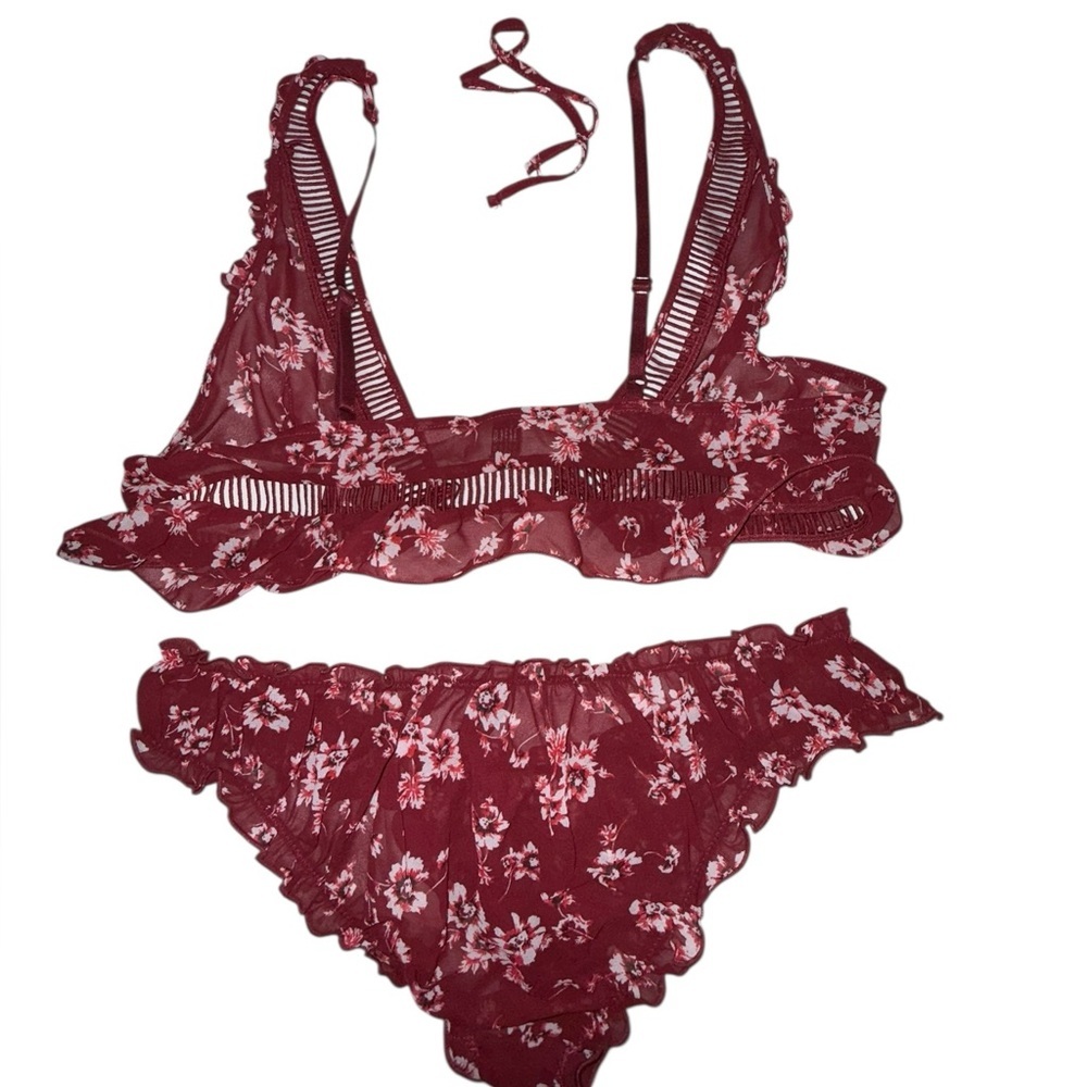 HAUTY Printed Chiffon Burgundy Red & White Floral Bralette Set Medium - Picture 3 of 7